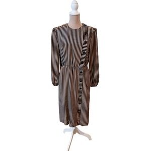 Vtg 80s Coras Closet MP Dress Tan Black Stripe Asymmetric Button Union Made